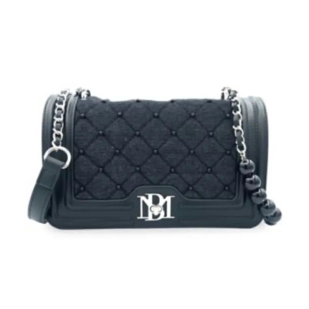 BADGLEY MISCHKA Quilted & Beaded Denim Shoulder Bag